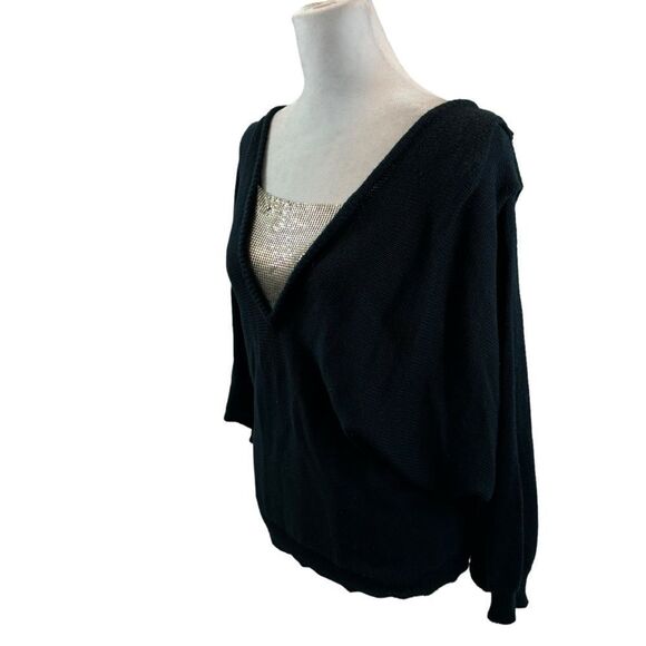 Rare 1980’s Gitano Knits Black‎ V Neck Batwing Sweater With Silver Mesh Large - Picture 6 of 10